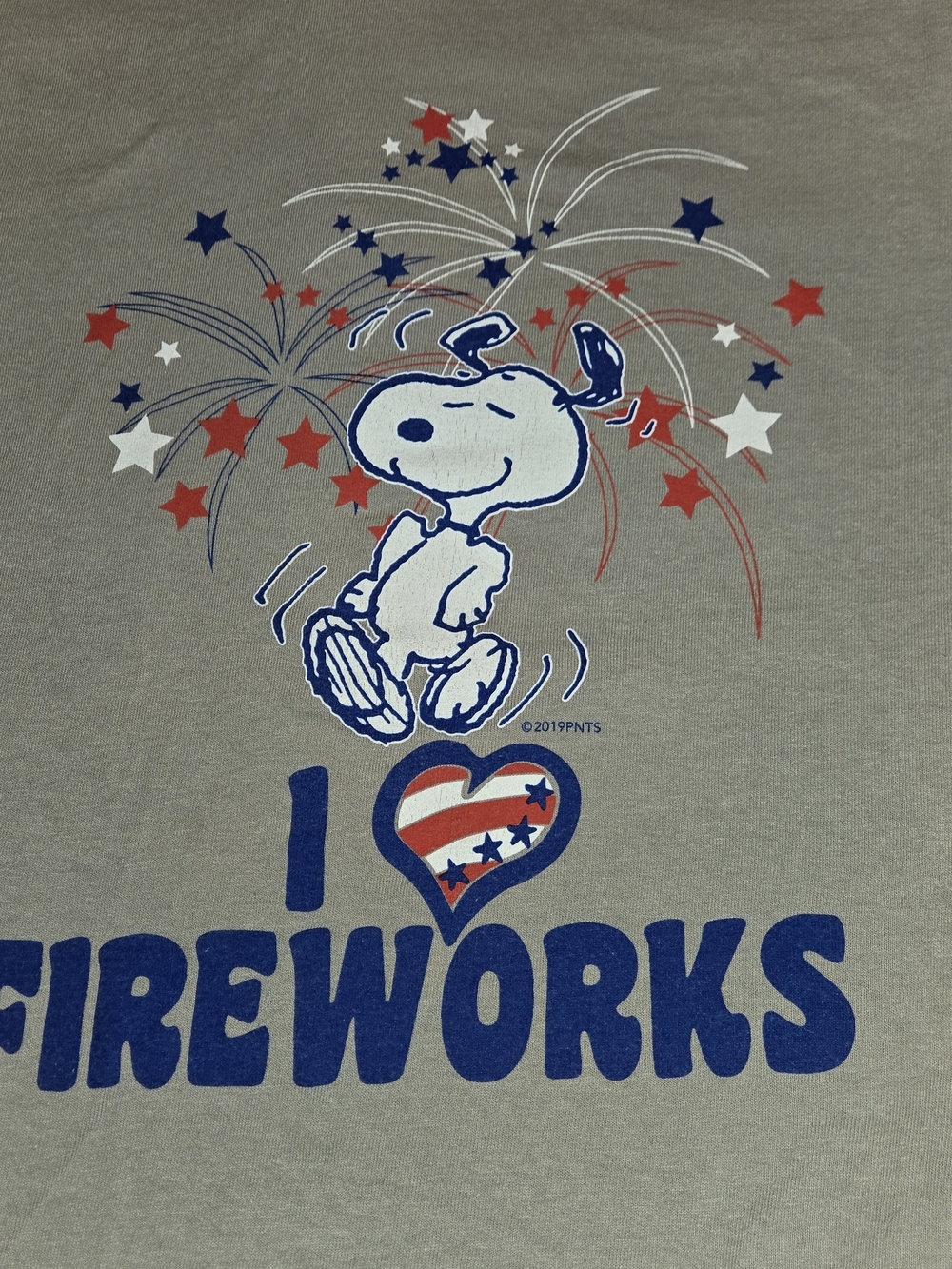 Snoopy I Love Fireworks Gray Graphic Tee Size Tag Removed Approx XL